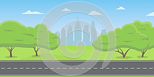 Road or highway in the city park or countryside with cityscape. Landscape with green trees, grass and sky. Vector illustration.